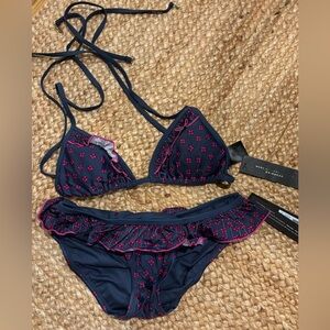 NWT Marc by Marc Jacobs Bikini Set Navy Pink Ruffle Triangle Swim, Medium